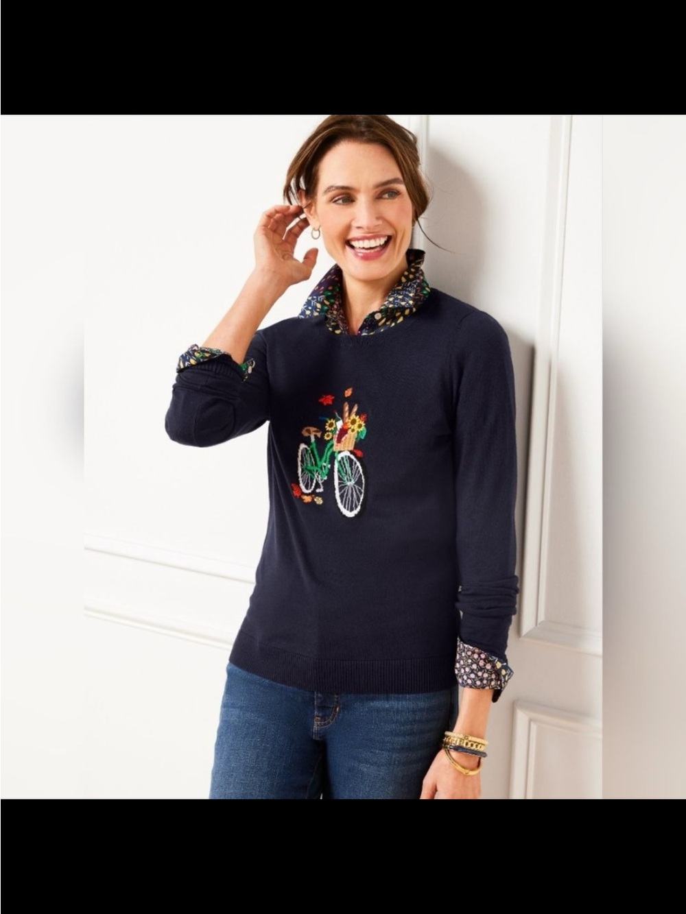 Talbots Navy Embroidered Bicycle Sweater Whimsical Cottagecore Preppy Floral SP